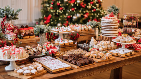 A table full of desserts and pastries with a Christmas tree in the background. Scene is festive and celebratoryの素材