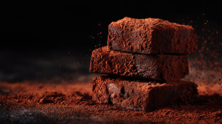 Three brownies stacked on top of each other with a pile of chocolate powder on the ground. Concept of indulgence and temptation, as the brownies are piled highの素材