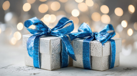 Two boxes with blue ribbons on them. The boxes are wrapped in shiny silver paperの素材
