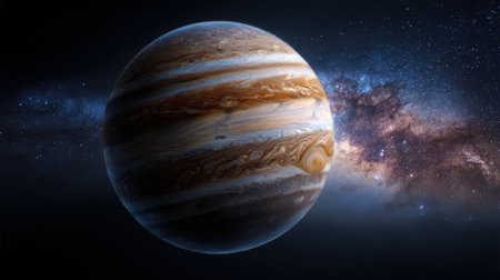 Jupiter stands out in the dark expanse of space displaying its colorful bands and swirling clouds. Surrounding it are countless stars forming the beautiful Milky Way.の素材