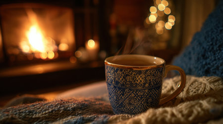 A cup of tea is sitting on a blanket next to a fireplace. The scene is cozy and warm, with the fire providing a comforting glow. The cup of tea is the focal point of the imageの素材