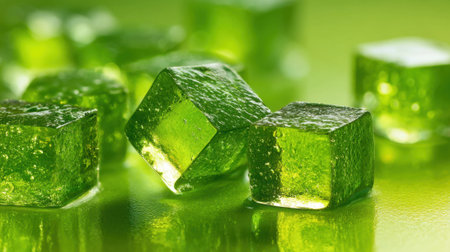 A bunch of green cubes are on a green surface. The cubes are made of a clear material and are arranged in a way that they look like they are stacked on top of each otherの素材
