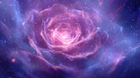 A rose is floating in space with a purple hue. The image has a dreamy and ethereal quality, as if the rose is floating in a vast, endless universe. The colors are vibrantの素材