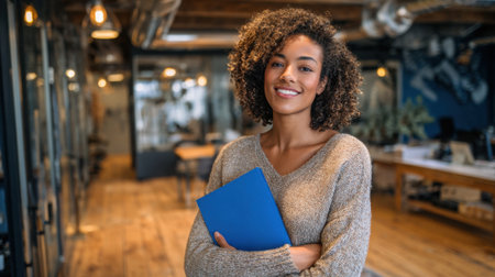 A woman is standing in a room with a blue book in her hand. She is smiling and she is happyの素材