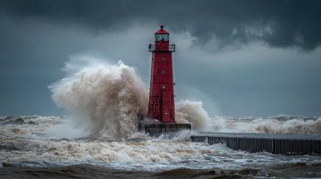 A red lighthouse is in the middle of a large wave. The water is crashing against the pier and the lighthouse is being battered by the waves. The scene is dramatic and powerfulの素材