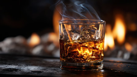 A glass filled with whiskey and ice rests on a wooden surface. Flames flicker in the fireplace creating a warm inviting atmosphere ideal for relaxation.の素材