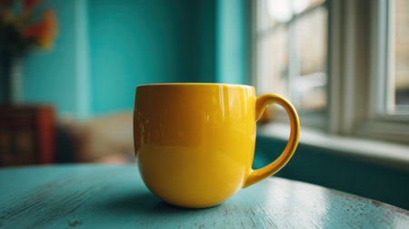 A yellow coffee cup sits on a table in front of a window. The cup is empty, and the table is made of wood. The room has a blue color scheme, and there is a vase with flowers on the tableの素材