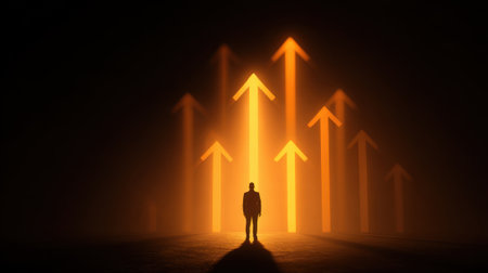 A person stands alone in a dark environment surrounded by bright glowing arrows that point upward representing hope progress and personal growth. The scene reflects ambition and determination.の素材