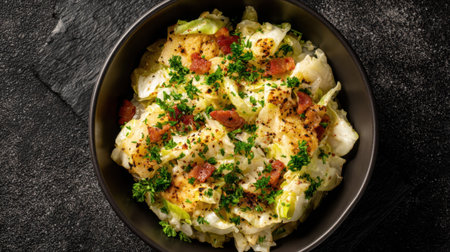 A black bowl filled with a delicious salad of vegetables and bacon. The bowl is placed on a dark surface, giving the dish a rich and hearty appearance. The combination of the fresh vegetablesの素材