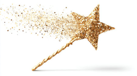 A golden magic wand with a star tip releases shimmering stars creating a magical effect. The background is simple focusing on the wand and its sparkling dust.の素材