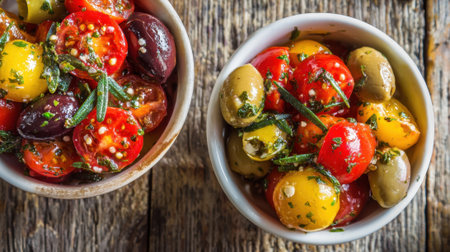 Two bowls of tomato and olive salad on a wooden table. The salad is colorful and appetizingの素材