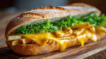 A freshly prepared sandwich displays layers of melted cheese crispy fries and fresh lettuce in a crunchy baguette. It is served at a local deli during a busy lunchtime.の素材