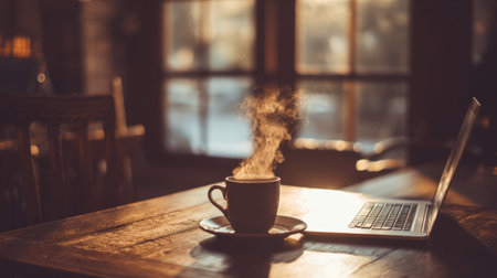 A steaming cup of coffee sits on a wooden table beside an open laptop. Soft light filters through the windows creating a warm inviting atmosphere perfect for work or relaxation.の素材