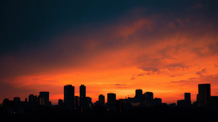 As the day transitions to night a vibrant sunset casts brilliant colors over the city skyline. Tall buildings are silhouetted against the stunning sky filled with orange and purple hues.の素材