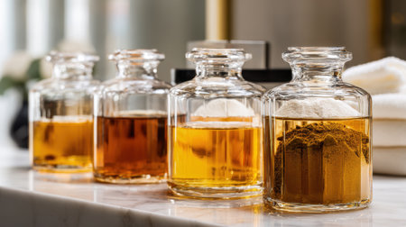 A collection of four glass jars filled with different oils and powders sits neatly on a marble counter. The setting appears calm and inviting perfect for relaxation and wellness practices.の素材