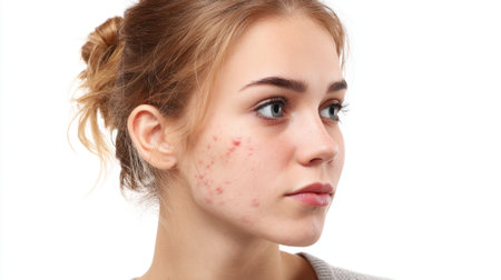 A young woman stands with her head turned slightly to the side showing acne on her cheek. She has a neutral expression and light hair captured in bright light.の素材