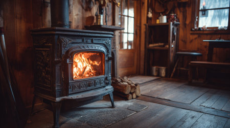 Inside a rustic cabin a wood-burning stove casts a warm glow creating a cozy atmosphere. The wooden interiors add a charming touch to this winter retreat inviting relaxation and comfort.の素材