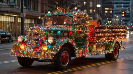 A vintage truck decorated with bright colorful lights drives along a bustling city street at night. The atmosphere is cheerful and festive showcasing holiday spirit.の素材