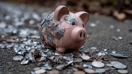 A damaged piggy bank sits on a street surrounded by scattered coins and shiny fragments. The scene suggests themes of lost money and financial challenges during twilight.の素材