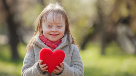A cheerful girl with down syndrome stands in a park holding a bright red heart-shaped object. She smiles warmly surrounded by greenery on a sunny day.の素材