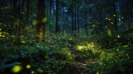 A tranquil forest at night sparkles with countless glowing fireflies dancing among the trees and dense foliage. The soft light creates a magical atmosphere.の素材