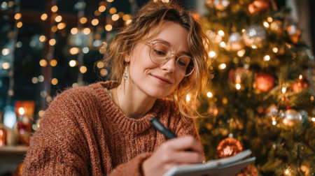 A woman with curly hair is writing in a notebook while sitting near a beautifully decorated Christmas tree. Soft holiday lights create a warm and joyful atmosphere.の素材