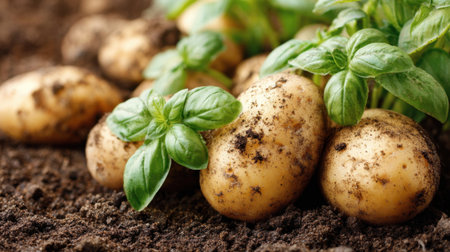 This scene showcases freshly harvested potatoes resting in rich dark soil accompanied by lush basil plants. The garden atmosphere highlights the connection between fresh produce and nature.の素材