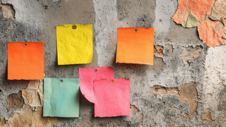Bright sticky notes in orange yellow green and pink are attached to an old textured wall with peeling paint highlighting a creative and organized workspace.の素材
