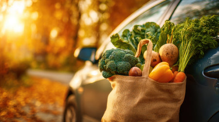 A colorful selection of fresh vegetables and fruits is placed in a reusable tote bag on the side of a parked car. The trees show autumn colors in the background and sunlight shines through.の素材