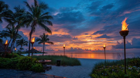 Golden hues fill the sky as the sun sets over a tranquil beach. Palm trees sway gently in the breeze while tiki torches cast warm light creating a serene atmosphere.の素材