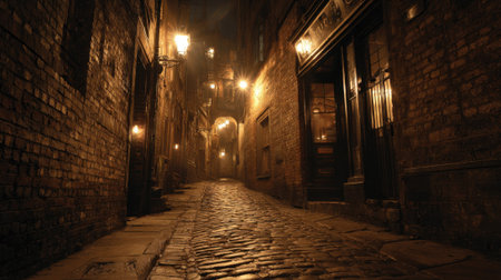 A narrow cobblestone alley lined with brick buildings gleams softly in the evening light. Lanterns cast a warm glow creating a mysterious and historic atmosphere.の素材