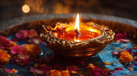 An intricately designed oil lamp burns brightly surrounded by colorful flower petals floating on water. The setting creates a peaceful ambiance during a celebration.の素材