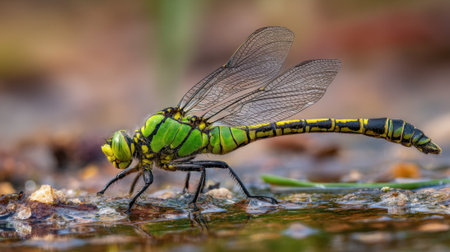A vivid green dragonfly is perched on the wet ground near a small body of water. Its delicate wings are spread catching sunlight in a serene environment.の素材