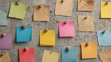 Brightly colored sticky notes in various shapes and sizes are pinned onto a textured wall creating an eye-catching display of ideas reminders and planning in a workspace environment.の素材