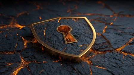 A golden shield featuring a keyhole design rests on a cracked black surface. The scene exudes a dramatic ambiance highlighting the shields intricate details and texture.の素材