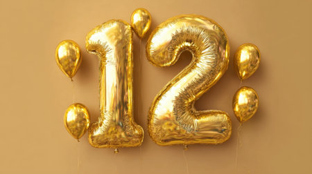Golden balloons shaped like the number twelve are displayed against a warm neutral background. This setup creates a cheerful and festive feeling ideal for parties or special occasions.の素材