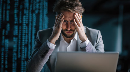 A businessman sits at a desk in a dark office visibly stressed while working on a laptop. His hands are on his head and data appears in the background indicating late-night work.の素材