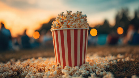 A large striped bucket of popcorn spills onto the grass during an outdoor movie event as people gather nearby enjoying a beautiful sunset.の素材