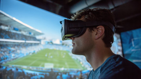 A person is engaged in a virtual reality activity at a sports venue. They wear a headset while surrounded by a large screen displaying a live game creating an exciting atmosphere.の素材