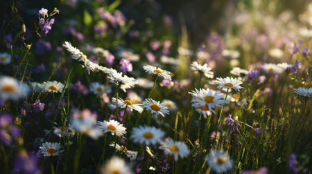 A vibrant meadow is alive with blooming daisies and purple lavender under the warm light of the golden hour. The flowers sway gently in a soft breeze creating a peaceful atmosphere.の素材