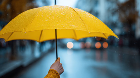 A person holds a bright yellow umbrella on a rainy day in the city. Raindrops cling to the umbrella while blurred traffic lights create a warm atmosphere in the background.の素材