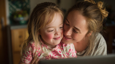 A mother and her young daughter enjoy a happy time together. They are seated close smiling and watching content on a laptop in their comfortable home.の素材