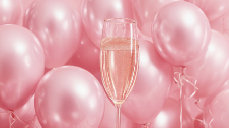 A glass filled with a sparkling drink stands in front of a backdrop of shiny pink balloons creating a cheerful atmosphere perfect for a celebration. The scene suggests joy and festivity.の素材