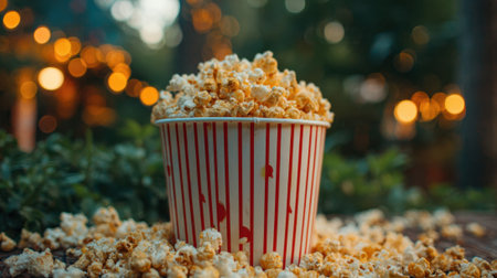 A large striped container filled with fresh popcorn sits on a wooden surface. Soft twinkling lights create a warm atmosphere enhancing the outdoor event at dusk.の素材