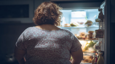 A person stands in front of an open refrigerator late at night exploring the contents as they search for a late-night snack. The kitchen is dimly lit adding to the cozy atmosphere.の素材