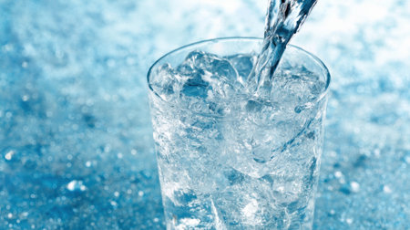 Water is being poured into a glass filled with ice cubes. The glass captures the bright light creating a refreshing and inviting scene. Bubbles and droplets add to the atmosphere.の素材
