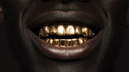 In this striking portrait a person presents their bright gold dental accessories. The focus highlights the bold fashion statement made through dental art.の素材