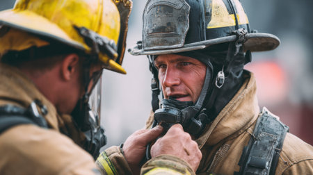 Two firefighters assist each other with gear before responding to an emergency call. Their focused expressions show dedication and readiness as they gear up in an urban environment.の素材