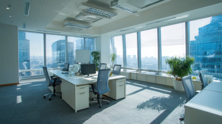 Spacious and bright office featuring large windows that provide a stunning view of the city skyline. Desks are equipped with computers creating a productive work environment.の素材
