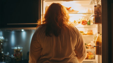 A person stands in front of an open refrigerator illuminated by the bright light inside. It is night and the person appears to be searching for a late-night snack in a cozy kitchen.の素材